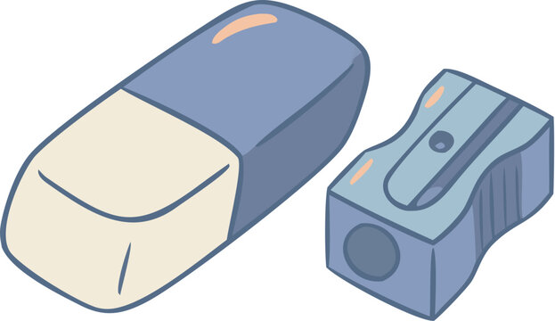 Blue rubber eraser and metal sharpener