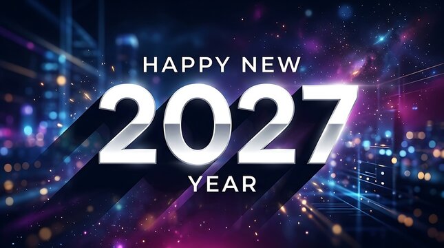 Festive new year 2027 celebration with bright lights and city skyline
