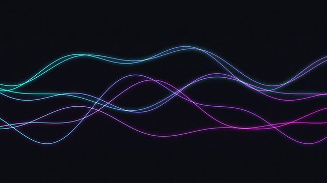 abstract, glowing neon sound waves or sinusoidal audio spectrum lines in pink, blue, and white against a dark background