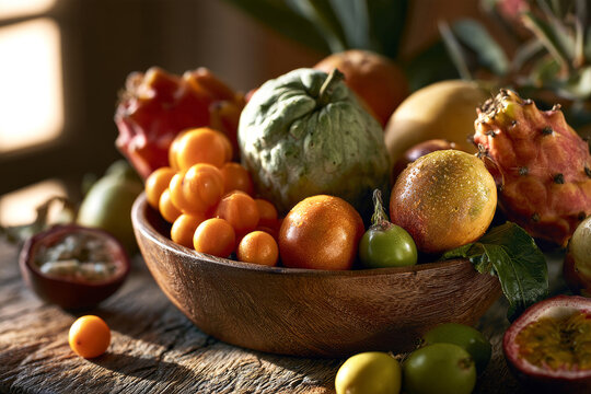 Peruvian tropical fruits, such as l&uacute;cuma, cherimoya, granadilla, passion fruit, aguaje, and camu camu