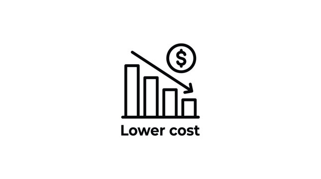 Black line art vector graphic illustration showing decreasing business bar chart with dollar sign and decreasing arrow