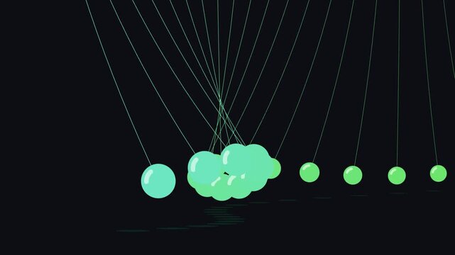 Vibrant green glowing spheres swing in harmonic pendulum collision resonance over a dark background in a 3d motion scene