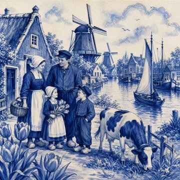 Delft Blue Family In Traditional Clothes And Clogs At A Farmhouse