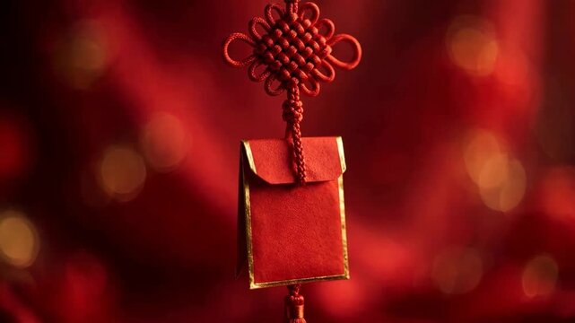 Red chinese knot with small red envelope hanging decoration on red bokeh background