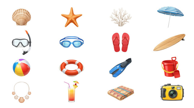 Beach and Summer Vacation Essentials Collection Isolated on White Background