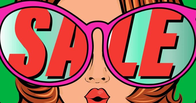 Digital animation of sale text over the sunglasses of woman icon against black background