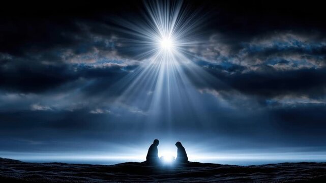Two figures kneel in reverence under a radiant divine light beaming from the heavens, against a dramatic backdrop of a stormy, yet hopeful. ..Created with Generative AI, not depicting real subjects.