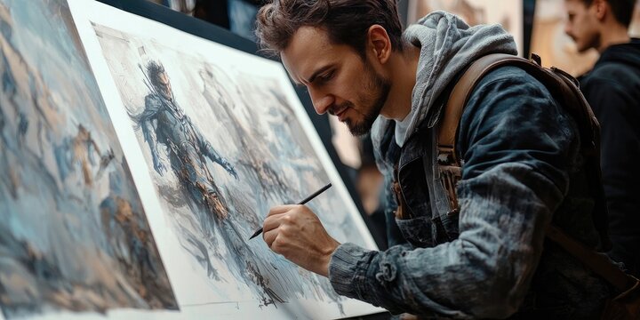 Person in leather jacket drawing action scenes on paper with pencil surrounded by dynamic illustrations. Generative by AI.