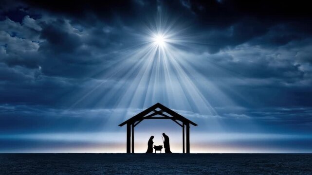 A serene nativity scene unfolds under a dramatic sky with divine light beaming down upon a humble stable. ..Created with Generative AI, not depicting real subjects.