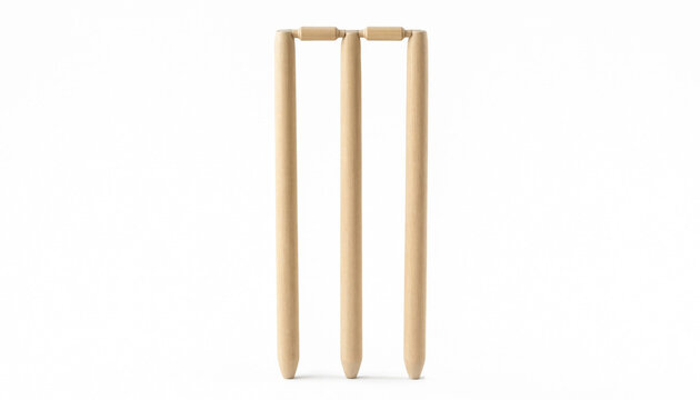 Light-colored wooden cricket wicket set with three stumps and two bails on white background
