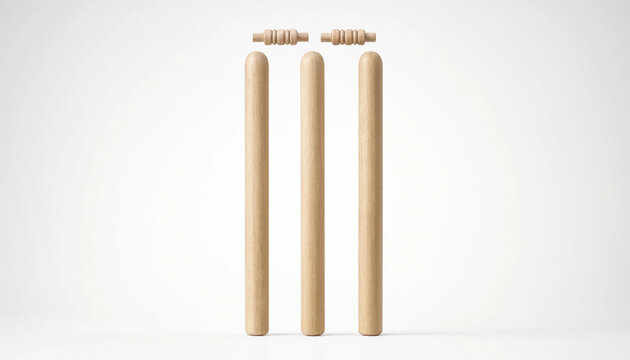 Wooden cricket wicket set with three stumps and two bails on neutral background