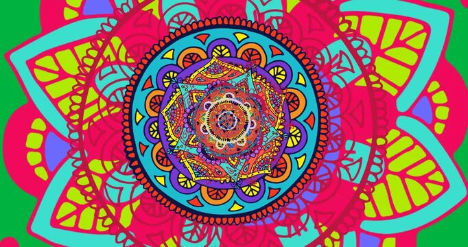 Digital animation of colorful abstract design pattern spinning against black background