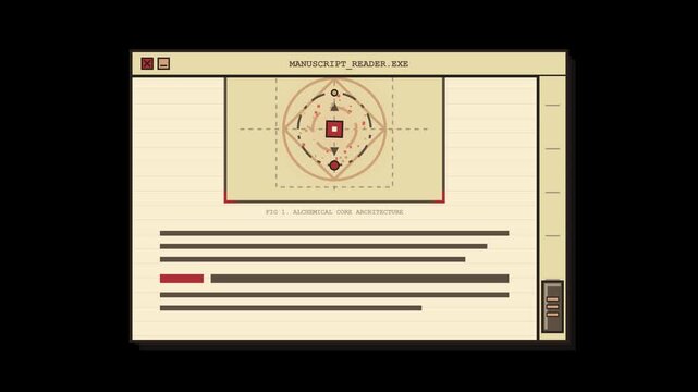 Vintage software interface displaying manuscript reader with animated diagram