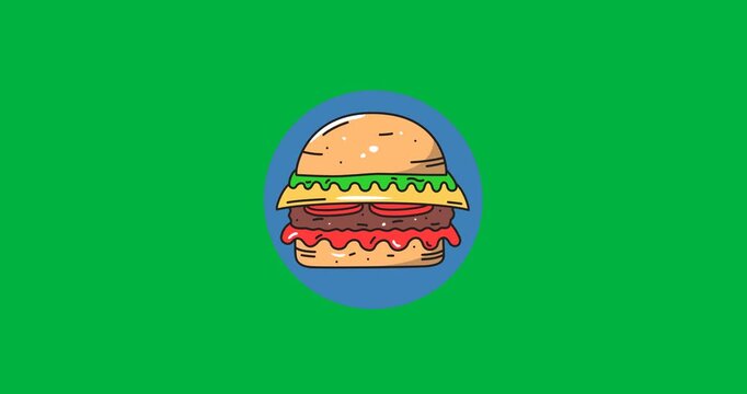 Digitally generated image of burger icon over blue round banner against black background