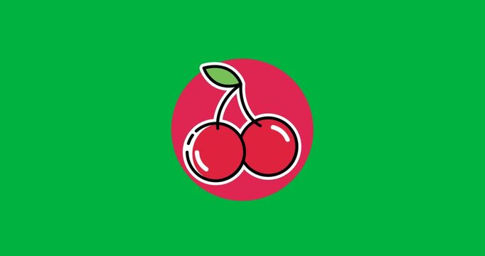 Digitally generated image of cherries icon on a red round banner against black background