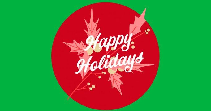 Digital animation of happy holidays text over red round banner against black background