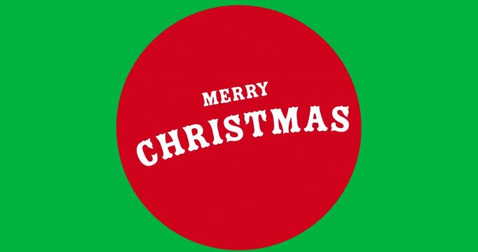 Digital animation of merry christmas text over red round banner against black background