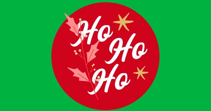 Digital animation of ho text over red round banner against black background
