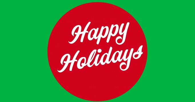 Digital animation of happy holidays text over red round banner against black background
