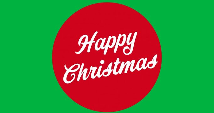Digital animation of happy christmas text over red round banner against black background