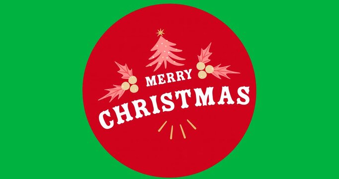 Merry christmas text with christmas tree and mistletoe icon over round banner on black background