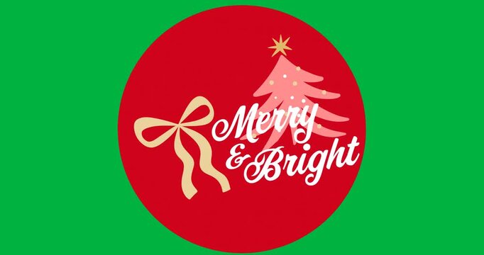 Merry and bright text with ribbon and christmas tree icon over red round banner on black background