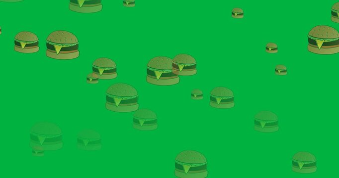 Digital animation of multiple burger icons falling against black background