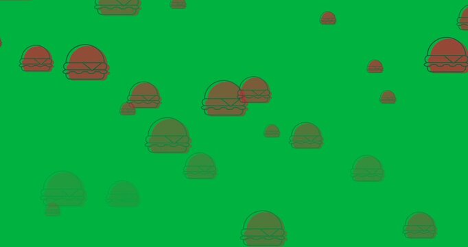 Digital animation of multiple red burger icons falling against black background