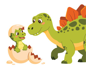 Obraz premium Cute Green Dinosaur Cartoon Character Vector Illustration for Kids, Fun Baby Dino Reptile Monster Wildlife Animal Drawing Isolated on White Background