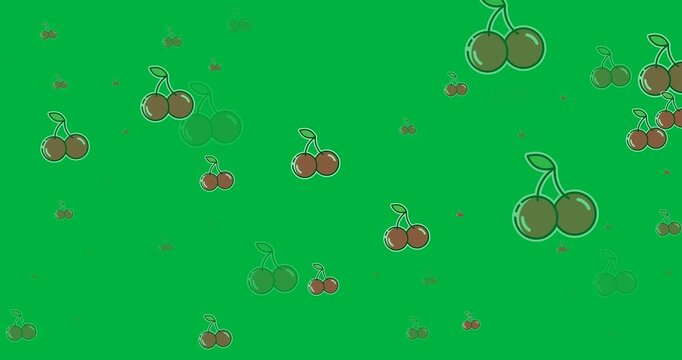 Digital animation of multiple red cherries icons floating against black background