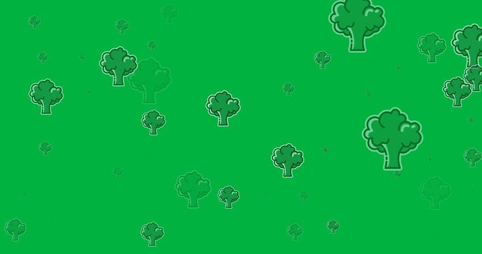 Digital animation of multiple broccoli icons floating against black background