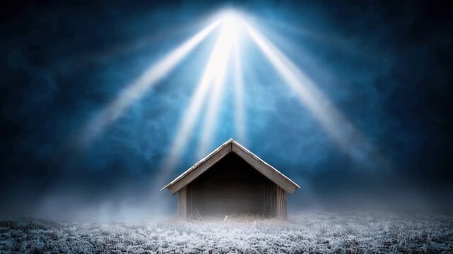 A humble wooden stable stands beneath a divine, radiant beam of light in a mystical, atmospheric setting. ..Created with Generative AI, not depicting real subjects.