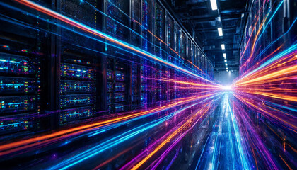 Fototapeta premium Data center server racks illuminated with dynamic light trails in high-tech infrastructure facility