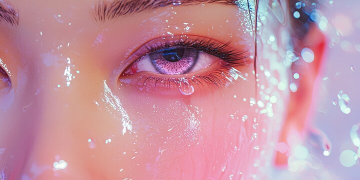 Close-up of human eye with hazel iris and water droplets on moist skin and eyelashes under strong lighting. Generative by AI.