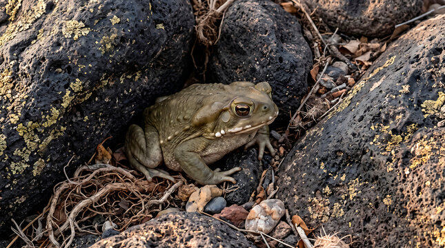 A close-up, low-angle shot of a large toad nestled between dark, rough rocks and dry foliage in a natural outdoor setting