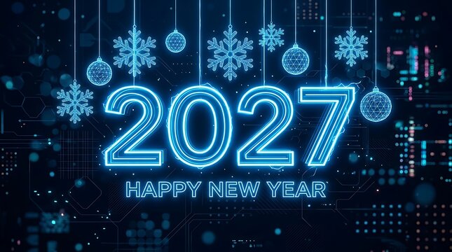 Futuristic new year 2027 celebration with glowing neon lights and snowflake decorations
