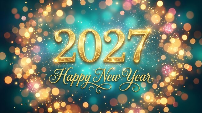 Golden 2027 new year celebration with sparkling lights and festive background