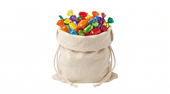Burlap bag filled with colorful wrapped candies