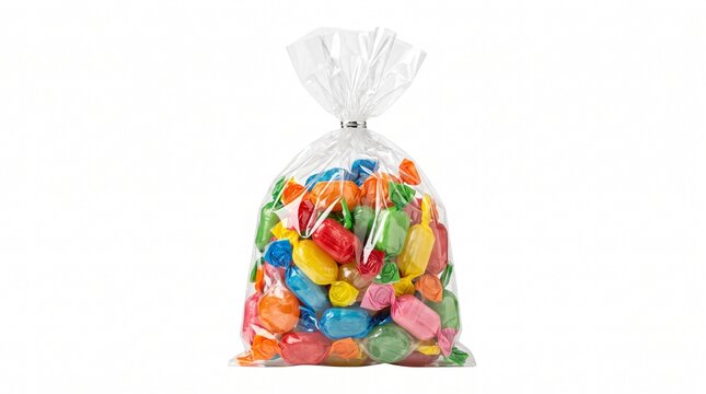 Colorful candies in a clear plastic bag tied with string
