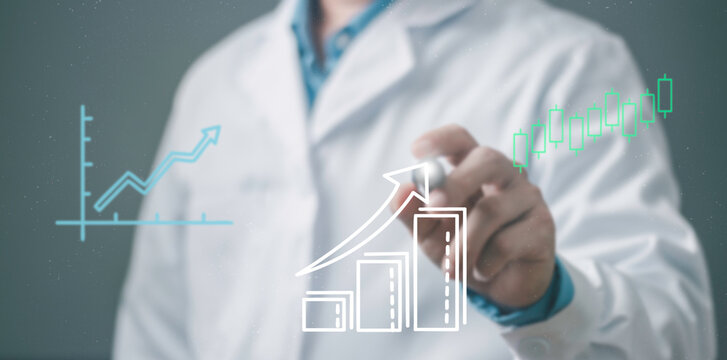 Medical investment, business performance, market analysis, revenue growth, strategy, and planning. Healthcare business concept showing a doctor analyzing growth charts and indicators.