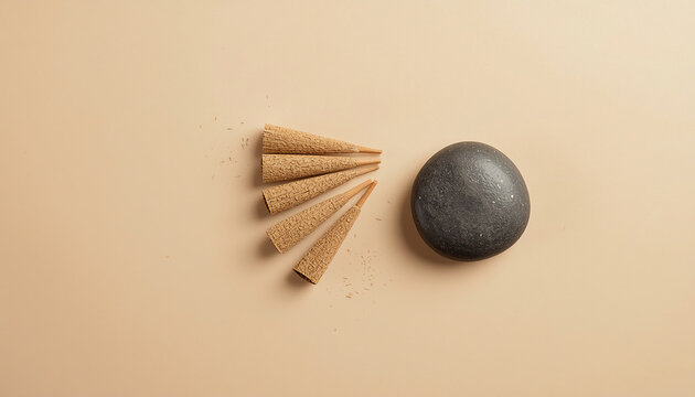 Top down minimalist composition of natural herbal incense cones beside smooth dark stone on warm background
