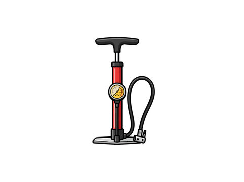 014 Red And Black Floor Bicycle Pump With Pressure Gauge Hose And Base On White Background.eps
