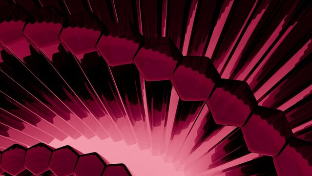 Abstract 3D Hexagonal Geometric Pattern in Deep Magenta and Pink, Futuristic High Tech Background with Glossy Metallic Texture and Light Rays