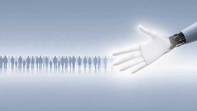 A robotic hand extends for a handshake, symbolizing the integration of artificial intelligence with humanity in a sleek. ..Created with Generative AI, not depicting real subjects.