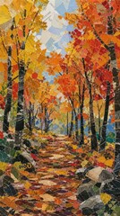 Fototapeta premium Autumn forest mosaic mobile wallpaper, colorful textured collage, vertical path