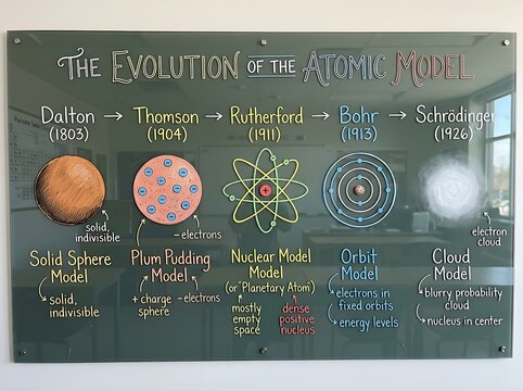 The evolution of the atomic model timeline from dalton to schrodinger on a chalkboard with atomic structure thomson model rutherford model bohr model solid sphere model plum pudding model