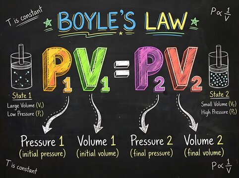Boyle law thermodynamics formula pv equals pv with gas pressure and volume states on a chalkboard boyles law gas laws physics formula science equation gas state science class teaching aid