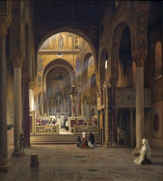 The interior of the Capella Palatina in Palermo around 1850, the palace chapel was built in the Norman-Arabic-Byzantine style as the court chapel of the Palazzo dei Normanni of Palermo from 1132 to 1140 AD under King Roger II, Sicily, Italy, Historic, digitally restored reproduction from a 19th century original