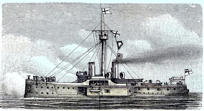SMS Oldenburg was the first ship built of steel in Germany, an armoured ship of the Imperial Navy designed from the outset without sail rigging and intended for coastal protection, Germany, c. 1890, Historic, digital reproduction of an original 19th-century pattern