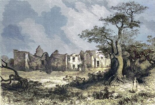 Chateau de la Meilleraye was a castle in Beaulieu-sous-Parthenay in the French department of Deux-Sevres, here the ruin in 1869, France, Historic, digitally restored reproduction of a 19th century original, exact original date unknown